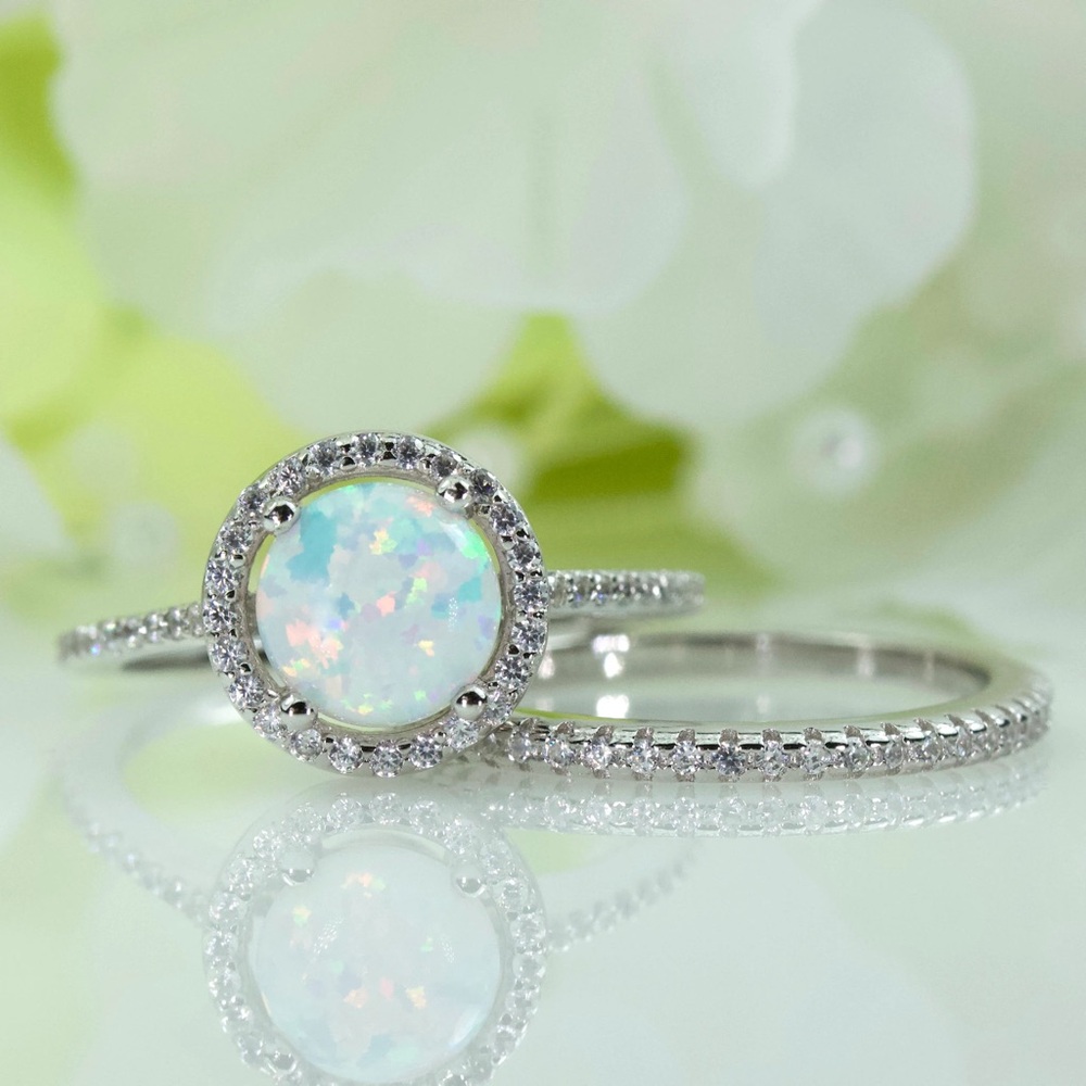 Zales Sterling Silver Opal Halo Ring White Sapphire Lab Opal Bridal - Picture 11 of 14